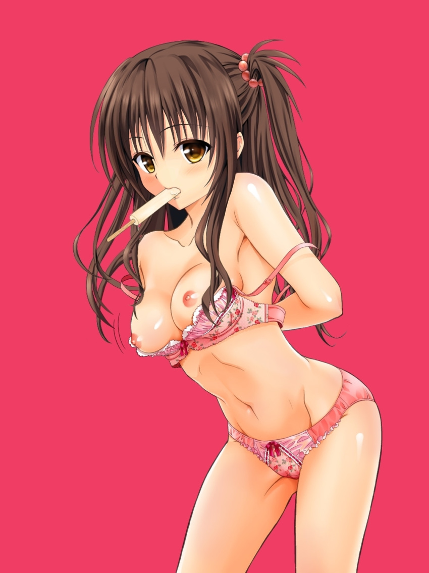 bad_id bad_pixiv_id bangs bra bra_pull breasts brown_eyes brown_hair closed_mouth collarbone commentary cowboy_shot crotch_seam dressing english_commentary eyebrows_visible_through_hair floral_print food frilled_bra frilled_panties frills hair_bobbles hair_ornament highres leaning_forward long_hair looking_at_viewer medium_breasts mouth_hold navel nipples older one_side_up panties pink_bra pink_panties popsicle print_bra print_panties red_background simple_background solo standing strap_slip third-party_edit to_love-ru underwear yaminokonjiki1 yuuki_mikan