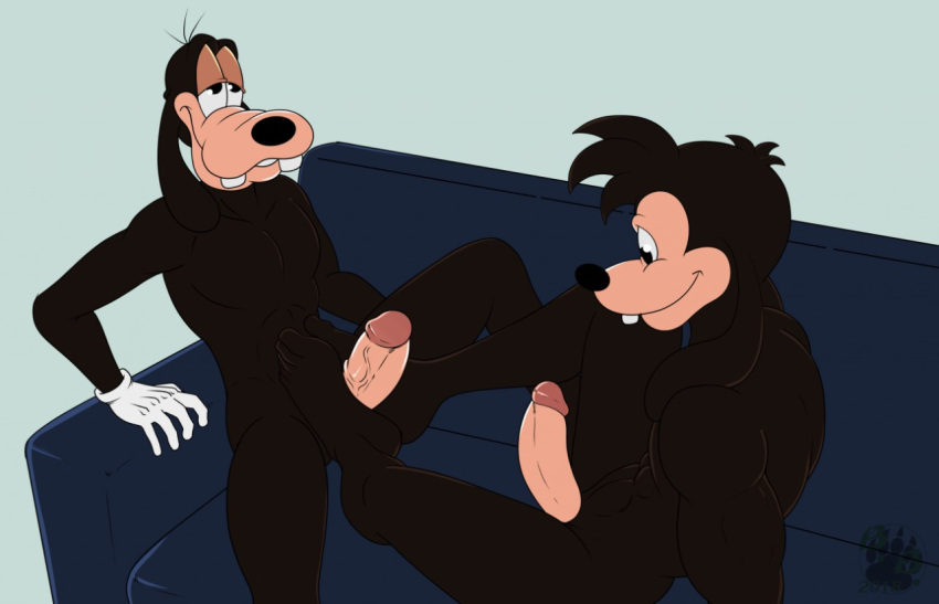 5_fingers 5_toes anthro blackbear canine clothing disney dog duo father father_and_son feet foot_fetish footjob gloves goof_troop goofy_(disney) humanoid_feet humanoid_penis incest male male/male mammal max_goof parent penis sex sofa son toes