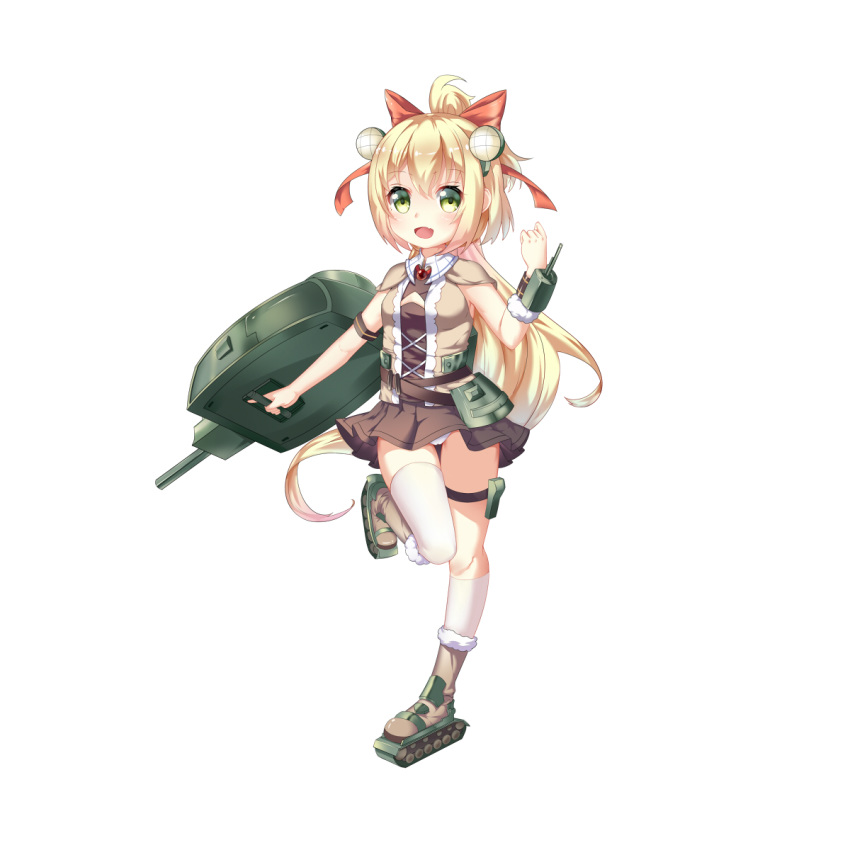 :d asymmetrical_legwear bangs blonde_hair blush bow brown_footwear brown_shirt brown_skirt cannon caterpillar_tracks chihong_de_tianshi commentary_request eyebrows_visible_through_hair fang fur-trimmed_boots fur_trim green_eyes hair_between_eyes hair_bow headgear highres holding kneehighs long_hair looking_at_viewer low_ponytail mecha_musume open_mouth original panties pantyshot pantyshot_(standing) personification pleated_skirt ponytail red_bow shirt simple_background single_kneehigh single_thighhigh skirt smile solo standing standing_on_one_leg tank_turret thigh_strap thighhighs underwear very_long_hair white_background white_legwear white_panties