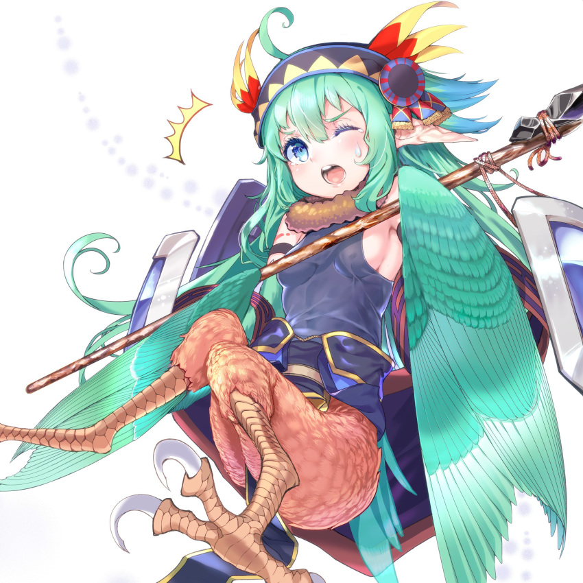 1girl absurdres ahoge animal_ears bare_shoulders blue_eyes breasts claws commentary_request erect_nipples green_hair hair_between_eyes harpy highres holding kawasumi_(tk2k_jade) long_hair looking_at_viewer monster_girl one_eye_closed open_mouth original pointy_ears sash shield sideboob small_breasts solo staff sweatdrop wings