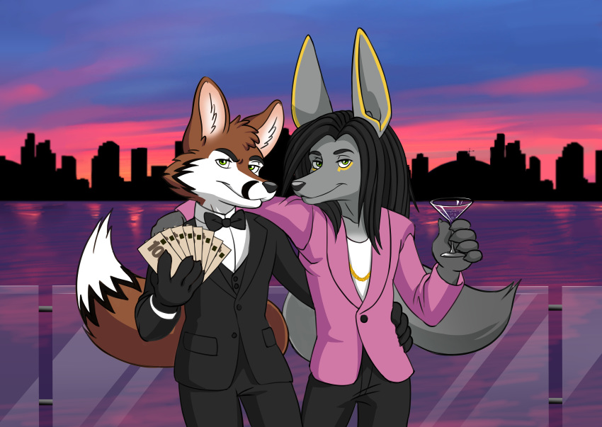 2018 absurd_res alcohol anthro anubian_jackal beverage black_hair blazer bow_tie brown_fur canine clothed clothing cocktail coolblue digital_media_(artwork) duo ear_markings facial_markings felix_mischievox fox fully_clothed fur green_eyes grey_fur hair happy hi_res jackal jewelry leon_(leonjackal) long_hair looking_at_viewer male mammal markings martini money necklace outside skyline smile standing sunset tuxedo wallpaper