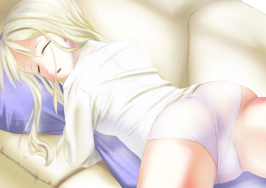 ass bangs blonde_hair closed_eyes commentary_request couch crotch_seam eyebrows_visible_through_hair gusset highres lace lace-trimmed_panties long_hair lying no_pants on_stomach original panties parted_lips partial_commentary pillow pillow_hug shirt solo underwear white_panties white_shirt yayoi_hatomi