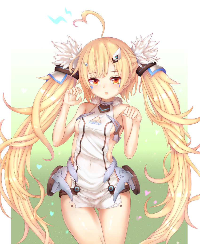 :o ahoge ass_visible_through_thighs azur_lane bangs bare_arms bare_shoulders blonde_hair blush breasts brown_eyes character_name chicami collarbone covered_navel cowboy_shot dress eldridge_(azur_lane) eyebrows_visible_through_hair facial_mark fang fingernails fur_trim hair_ornament hands heart highres lightning_bolt long_hair looking_at_viewer medium_breasts parted_lips sleeveless sleeveless_dress solo twintails very_long_hair white_dress