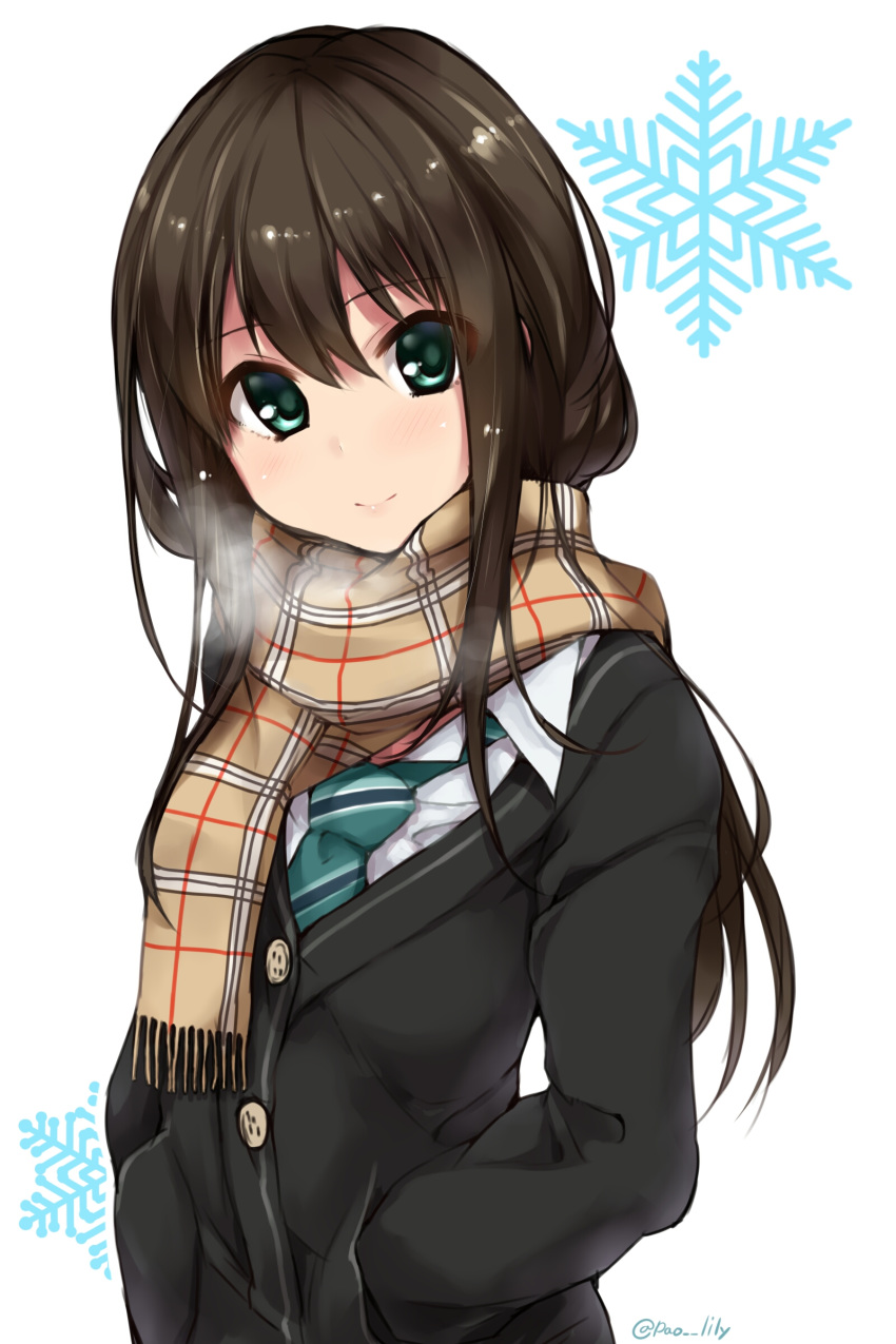 absurdres bangs blush breath brown_hair brown_scarf buttons cardigan enpera eyebrows_visible_through_hair fringe_trim green_eyes green_neckwear hands_in_pockets highres idolmaster idolmaster_cinderella_girls lips long_hair long_sleeves looking_at_viewer necktie paopao plaid plaid_scarf scarf school_uniform shibuya_rin shiny shiny_hair shirt simple_background snowflakes solo striped striped_neckwear tareme twitter_username upper_body white_background white_shirt