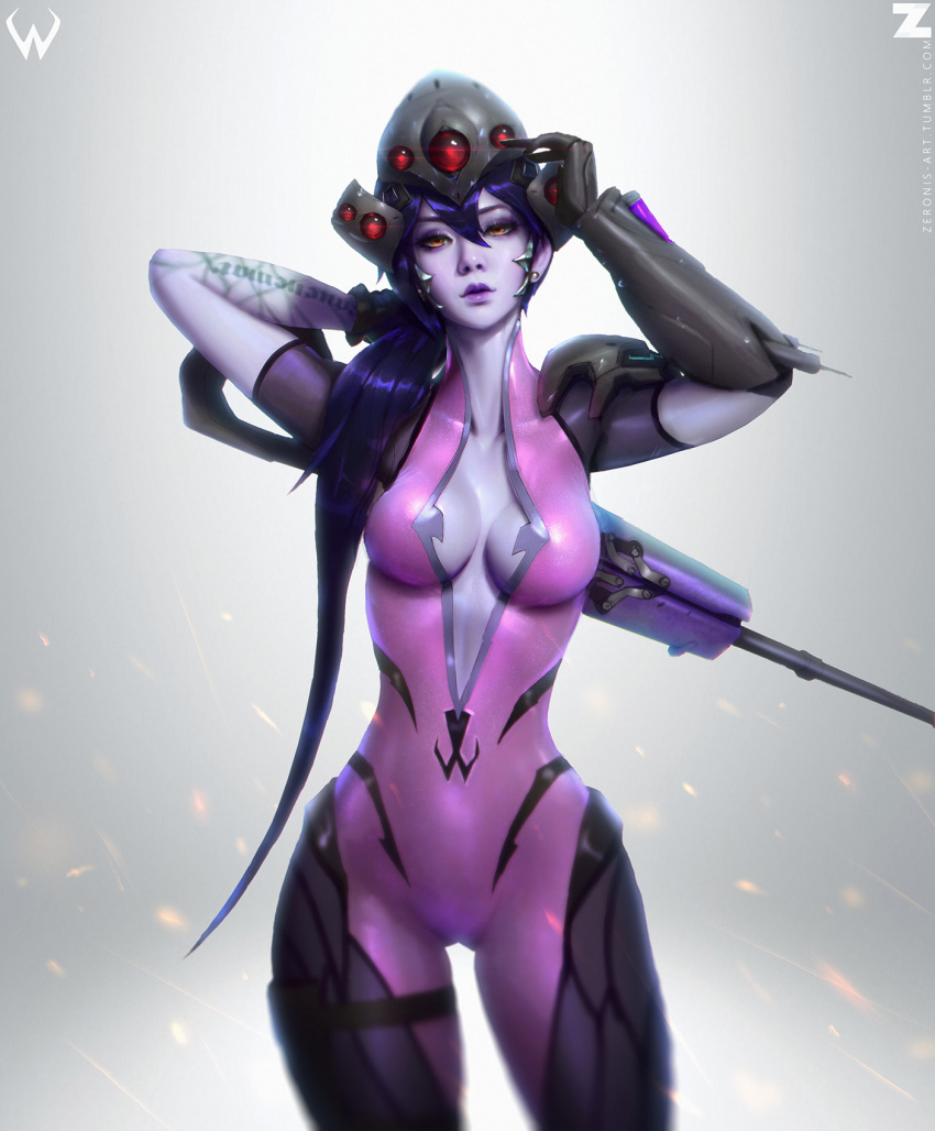 banned_artist bodysuit breasts center_opening cleavage closed_mouth commentary gun hair_between_eyes head_mounted_display helmet highres legs_apart lipstick long_hair looking_at_viewer makeup medium_breasts overwatch paul_kwon pink_bodysuit purple_bodysuit purple_hair purple_lipstick purple_skirt revision rifle skirt sniper_rifle solo standing very_long_hair weapon widowmaker_(overwatch) yellow_eyes