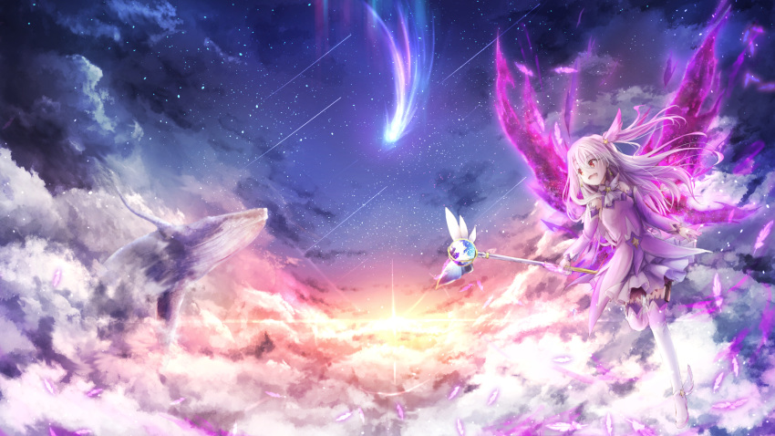 boots cloud cloudy_sky comet commentary dress elbow_gloves fate/kaleid_liner_prisma_illya fate_(series) feathers gloves hair_feathers highres holding holding_wand illyasviel_von_einzbern kaleidostick magical_girl magical_ruby magical_sapphire pink_footwear pink_gloves pink_legwear prisma_illya prisma_illya_(zwei_form) red_eyes sky solo star_(sky) starry_sky thigh_boots thighhighs two_side_up utatanecocoa wand whale white_hair