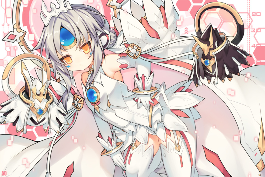bare_shoulders blush breasts brown_eyes closed_mouth code:_esencia_(elsword) dress dutch_angle elbow_gloves elsword eve_(elsword) garter_straps gloves hair_bun hand_on_hip leaning_forward long_hair looking_at_viewer sidelocks silver_hair sleeveless sleeveless_dress small_breasts solo thighhighs tiara utm white_dress white_gloves white_legwear