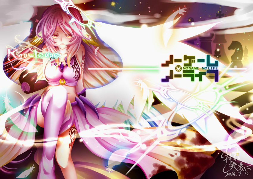 absurdres angel_wings breasts commentary_request copyright_name crop_top cross feathered_wings feathers gloves gradient_hair halo highres jibril_(no_game_no_life) kanmai_x_sou large_breasts light_smile long_hair low_wings magic_circle midriff multicolored_hair no_game_no_life pink_hair sideboob sitting solo symbol-shaped_pupils tattoo very_long_hair white_wings wing_ears wings yellow_eyes