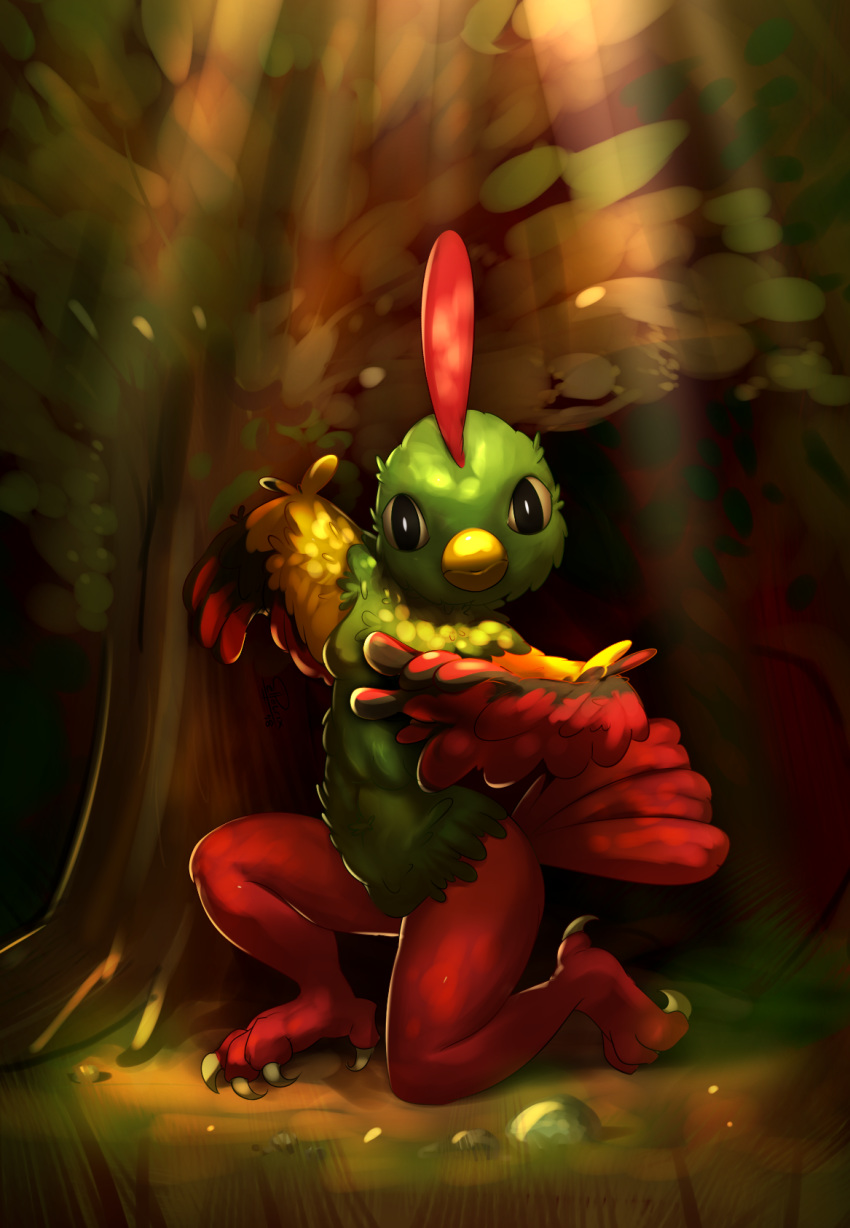 anthro anthrofied avian black_eyes breasts elpatrixf feathers female grass green_feathers kneeling looking_at_viewer natu nintendo nude pok&eacute;mon pok&eacute;mon_(species) red_feathers solo talons tree video_games wood yellow_feathers