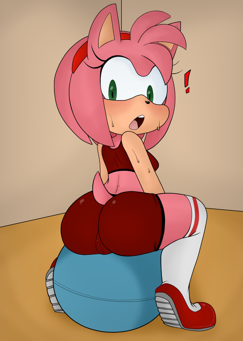 2018 amy_rose anthro big_butt bike_shorts blush breasts butt camel_toe clothed clothing colored eyelashes female footwear green_eyes hair hairband hearlesssoul hedgehog hi_res legwear long_socks looking_at_viewer looking_back mammal open_mouth pussy shoes short_hair shorts simple_background solo sonic_(series) spandex stockings surprise sweat tight_clothing video_games white_background yoga_ball