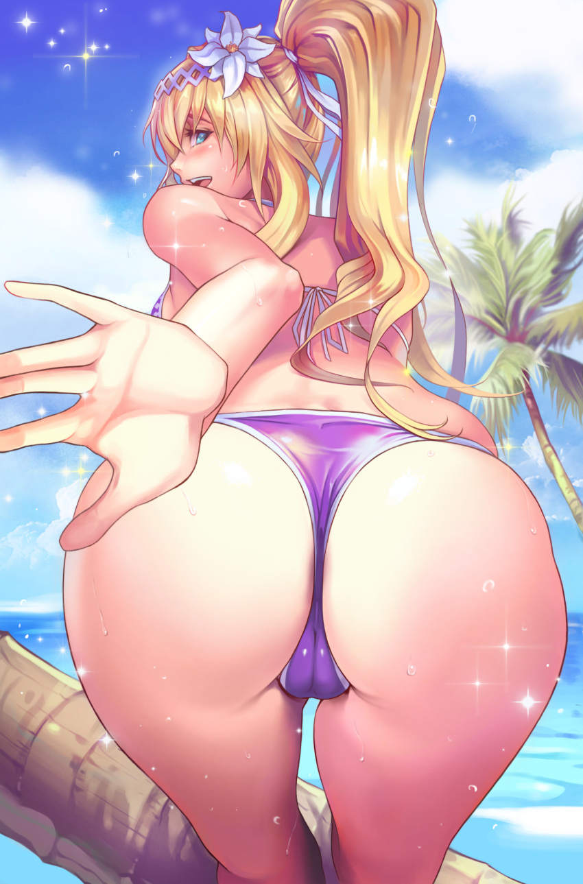 :d absurdres ass banned_artist bare_shoulders beach bent_over bikini blonde_hair blue_eyes blue_sky breasts cameltoe cloud commentary day english_commentary flower from_behind granblue_fantasy hair_flower hair_ornament hair_ribbon highres jeanne_d'arc_(granblue_fantasy) large_breasts leaning_forward lily_(flower) long_hair looking_at_viewer looking_back open_mouth outdoors palm_tree ponytail purple_bikini ribbon side-tie_bikini skindentation sky smile solo standing swimsuit teeth tree water wet yinan_cui