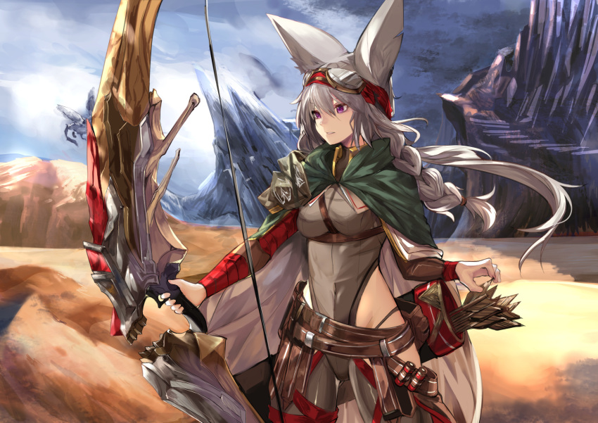 animal_ears arrow bangs belt bow bow_(weapon) braid breasts cape closed_mouth commentary_request day desert eyebrows_visible_through_hair fox_ears fox_girl goggles goggles_on_head green_cape grey_leotard haik hair_between_eyes highleg highleg_leotard highleg_panties highres holding holding_weapon leotard long_hair long_sleeves medium_breasts monster_hunter monster_hunter:_world multicolored multicolored_cape multicolored_clothes original outdoors panties purple_eyes quiver ready_to_draw sand silver_hair solo underwear weapon
