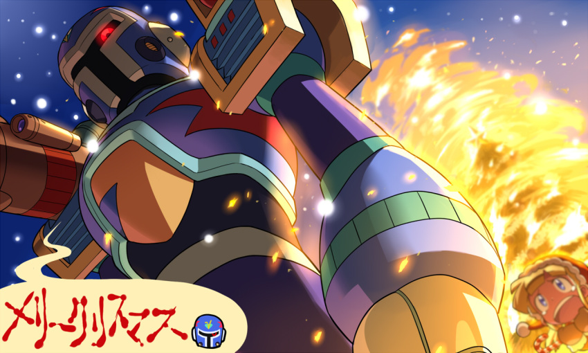 1boy 1girl android blue_eyes capcom christmas_tree glowing_eyes helmet kin_niku open_mouth red_eyes robot rockman rockman_(classic) rockman_x roll shoulder_cannon snow speach_bubble vava weapon