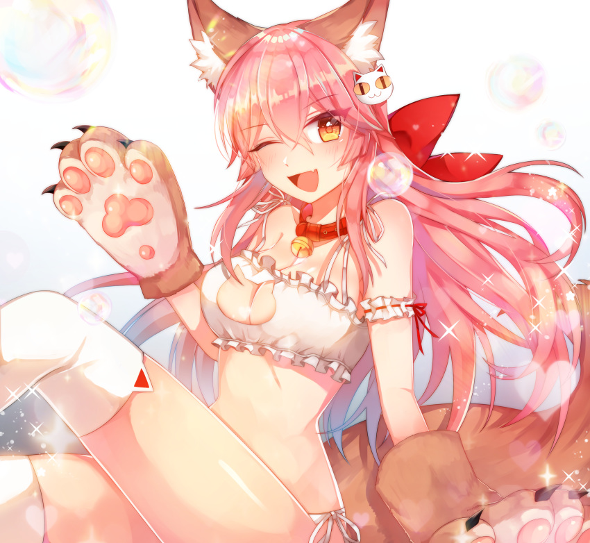 animal_ear_fluff animal_ears bell bell_choker bell_collar bra breasts cat_cutout cat_ear_panties cat_hair_ornament cat_lingerie cat_paws choker cleavage_cutout collar fangs fate/grand_order fate_(series) fox_ears fox_tail frilled_bra frills gloves hair_ornament hair_ribbon highres jingle_bell large_breasts long_hair meme_attire navel one_eye_closed panties paw_gloves paws pink_hair red_ribbon ribbon rijjin side-tie_panties solo stomach tail tamamo_(fate)_(all) tamamo_cat_(fate) thighs underwear underwear_only white_bra