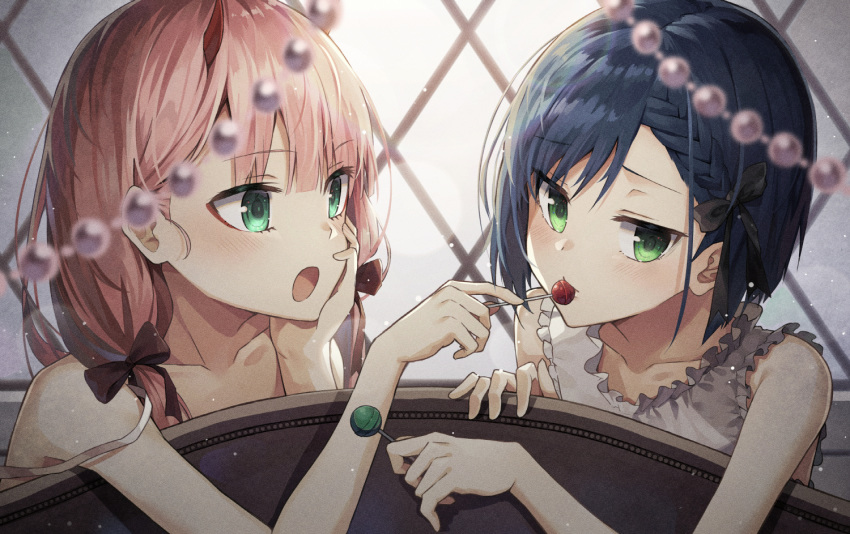 :d alternate_hairstyle backlighting bangs bare_arms bare_shoulders black_bow blue_hair blunt_bangs blush bow braid candy closed_mouth collarbone couch darling_in_the_franxx eyebrows_visible_through_hair feeding food french_braid frilled_shirt frills green_eyes hair_bow hand_on_own_cheek holding holding_food horns huwali_(dnwls3010) ichigo_(darling_in_the_franxx) lollipop long_hair looking_away looking_to_the_side low_twintails multiple_girls no_hairband on_couch open_mouth pearl shirt short_hair sleeveless sleeveless_shirt smile tsurime twintails upper_body white_shirt yuri zero_two_(darling_in_the_franxx)