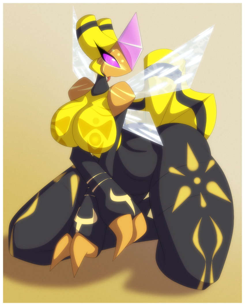 anthro arthropod bee big_breasts big_butt big_eyes breasts butt digital_media_(artwork) female insect insect_wings isabelle_(r-mk) kneeling looking_at_viewer markings nintendo nude open_mouth pok&eacute;mon pok&eacute;mon_(species) presenting r-mk simple_background solo thick_thighs tongue tribal vespiquen video_games wings