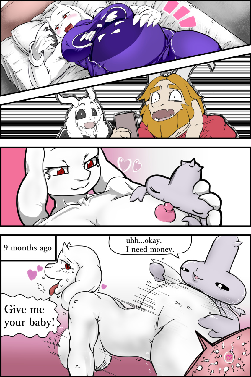 2018 all_fours anthro asgore_dreemurr asriel_dreemurr baby big_breasts birth boss_monster breastfeed breasts caprine clothing comic digital_media_(artwork) doggystyle english_text female flashback from_behind_position fur goat horn huge_breasts humor jerry_(undertale) male male/female mammal nipples nude open_mouth pregnant sex simple_background sya text tongue toriel undertale video_games young