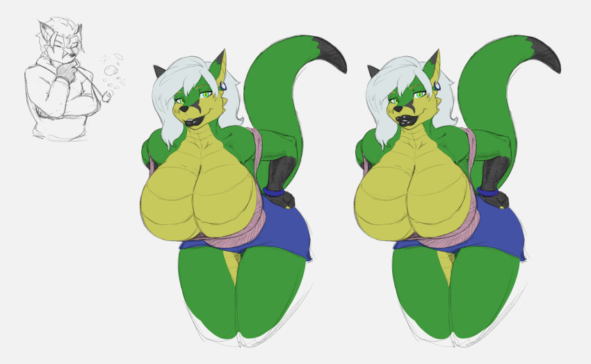 anthro big_breasts breasts canine cleavage clothed clothing colored_sketch female fox huge_breasts hybrid jin_(jindragowolf) jindragowolf looking_at_viewer makeup mammal multiple_images pipe reptile scalie smile solo