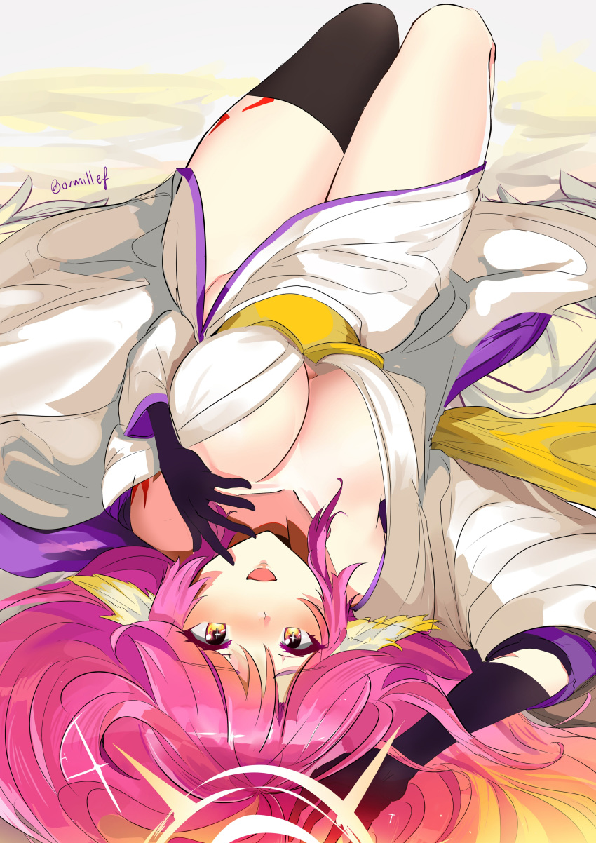 :d absurdres angel_wings breasts cleavage commentary_request cross feathered_wings gloves gradient_hair halo highres japanese_clothes jibril_(no_game_no_life) kimono large_breasts long_hair looking_at_viewer low_wings lying magic_circle mismatched_legwear multicolored_hair no_game_no_life on_back open_mouth ormille pink_hair smile solo symbol-shaped_pupils tattoo twitter_username upside-down white_wings wing_ears wings yellow_eyes
