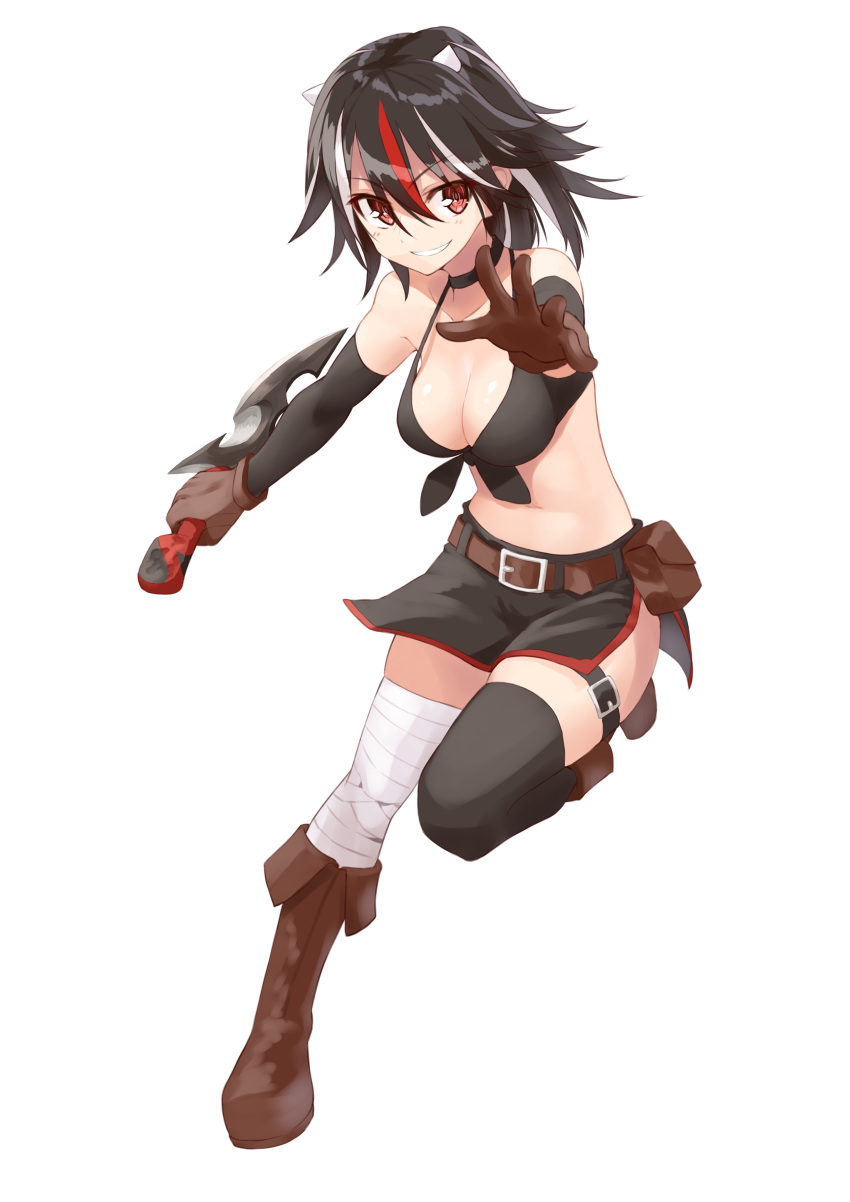 absurdres alternate_costume bandaged_leg bandages bangs bare_shoulders belt black_bikini_top black_gloves black_legwear boots breasts brown_eyes brown_footwear brown_gloves choker cleavage elbow_gloves eyebrows_visible_through_hair front-tie_top full_body gloves hair_between_eyes highres holding holding_weapon horns kijin_seija looking_at_viewer medium_breasts multicolored_hair navel pouch short_hair shunichi side_slit single_thighhigh smile standing standing_on_one_leg streaked_hair thighhighs touhou transparent_background weapon