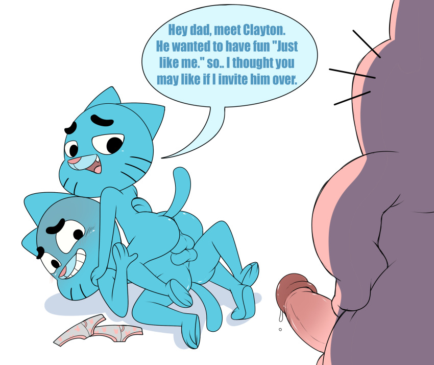 anthro balls balls_touching cartoon_network cat clone cub enookie father feline gumball_watterson incest lagomorph male male/male mammal parent penis rabbit richard_watterson selfcest son square_crossover the_amazing_world_of_gumball young