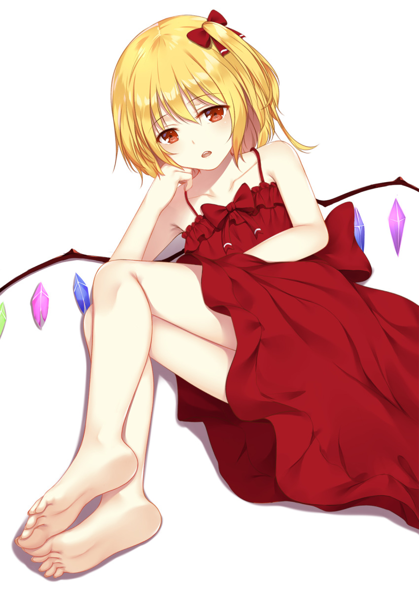 arm_support bangs bare_arms bare_legs bare_shoulders barefoot blonde_hair bow collarbone commentary_request dress eyebrows_visible_through_hair feet flan_(seeyouflan) flandre_scarlet full_body hair_bow head_rest highres looking_at_viewer lying on_side one_side_up red_bow red_dress red_eyes shiny shiny_hair simple_background soles solo toenails touhou white_background wings