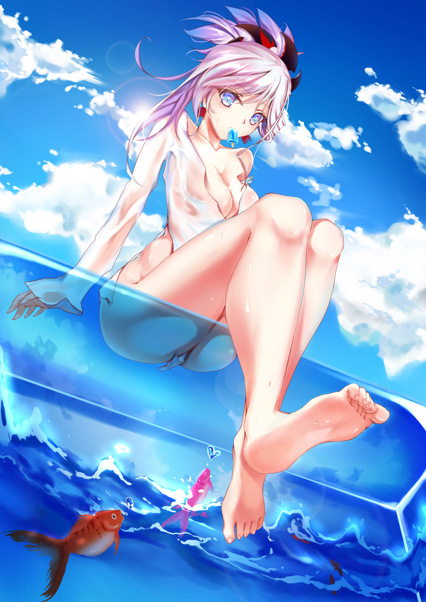 absurdres ass asymmetrical_hair bad_feet barefoot blue_eyes breasts cleavage collarbone commentary day fate/grand_order fate_(series) fish food food_in_mouth hair_ornament heart highres ice large_breasts looking_at_viewer looking_down miyamoto_musashi_(fate/grand_order) ocean outdoors pink_hair ponytail qiyaori see-through sky soles solo sun toes