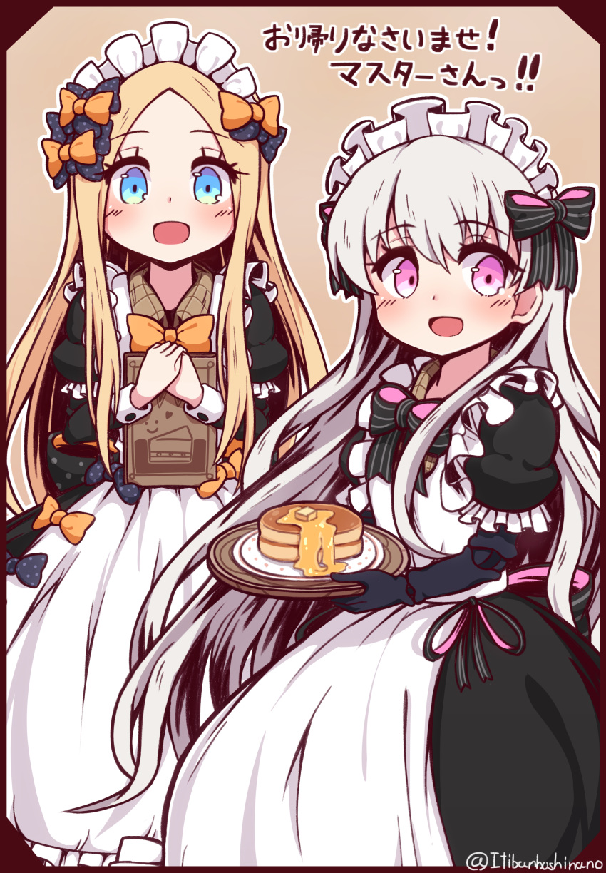 :d abigail_williams_(fate/grand_order) absurdres alternate_costume apron bangs black_bow black_gloves blonde_hair blue_eyes blush bow butter commentary_request doll_joints elbow_gloves enmaided eyebrows_visible_through_hair fate/extra fate/grand_order fate_(series) food forehead gloves hair_between_eyes hair_bow highres holding holding_tray long_hair long_sleeves looking_at_viewer maid maid_apron maid_headdress menu multiple_girls nursery_rhyme_(fate/extra) open_mouth orange_bow own_hands_together pancake parted_bangs pink_hair plate polka_dot polka_dot_bow puffy_short_sleeves puffy_sleeves short_over_long_sleeves short_sleeves silver_hair smile stack_of_pancakes striped striped_bow syrup translation_request tray twitter_username very_long_hair white_apron yuya090602