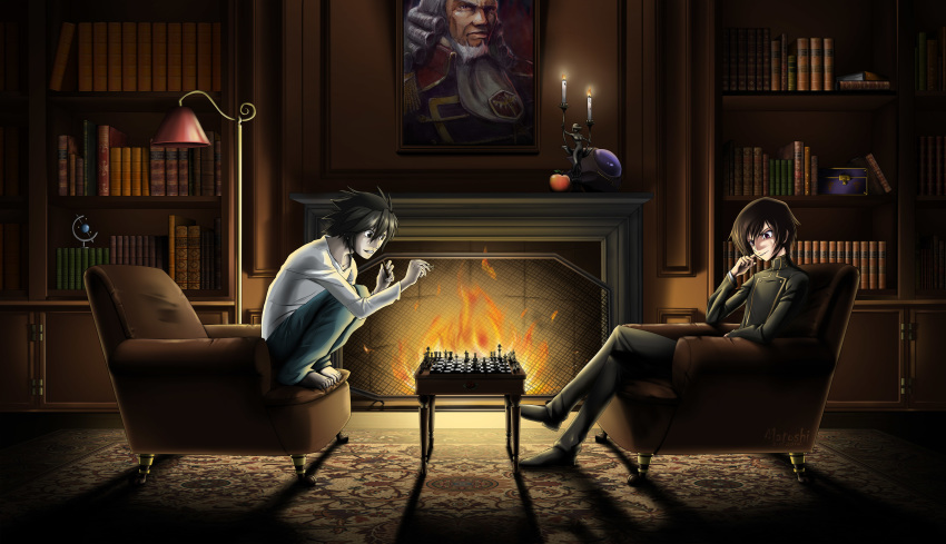 absurdres apple armchair black_eyes black_hair blue_pants board_game book bookshelf carpet chair charles_zi_britannia chess code_geass commentary crossover death_note fire fireplace food fruit g-matoshi helmet highres l_(death_note) lelouch_lamperouge mask multiple_boys pants portrait_(object) purple_eyes shirt short_hair sitting table white_shirt