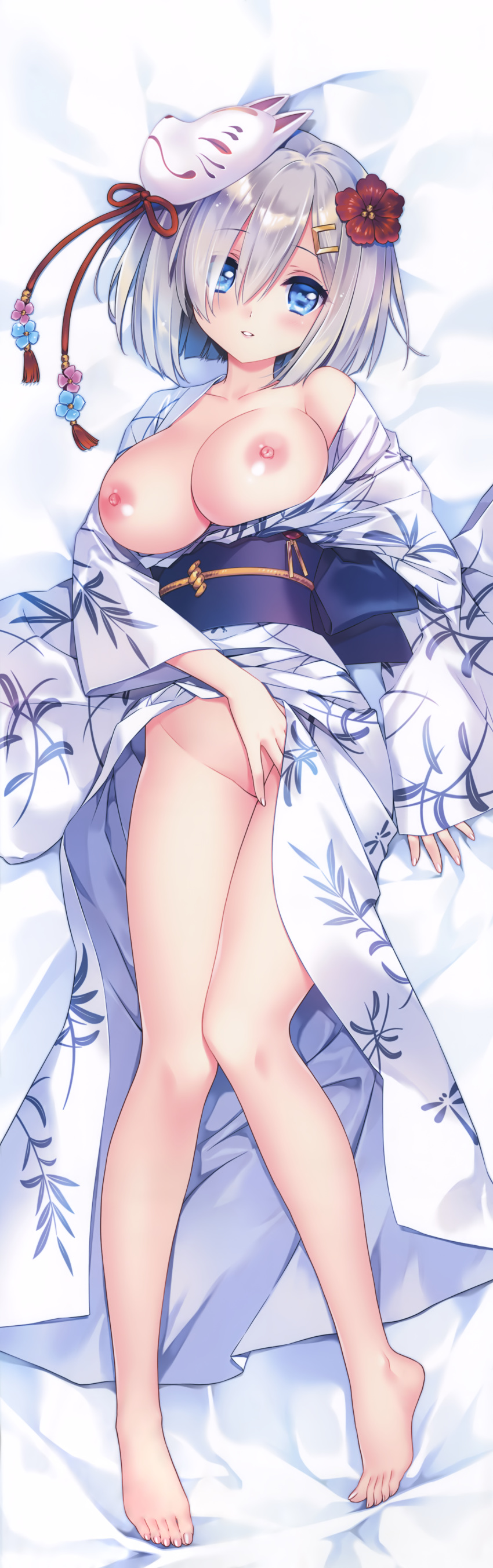 absurdres barefoot blue_eyes blush breasts breasts_outside carnelian collarbone dakimakura eyebrows_visible_through_hair feet floral_print flower fox_mask full_body hair_between_eyes hair_flower hair_ornament hair_over_one_eye hairclip hamakaze_(kantai_collection) hand_on_own_stomach highres huge_filesize japanese_clothes kantai_collection kimono large_breasts legs looking_at_viewer mask nipples obi open_clothes open_kimono parted_lips purple_sash sash scan short_hair silver_hair solo white_kimono wide_sleeves
