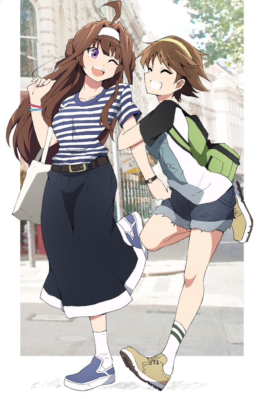 :d ;d absurdres alternate_costume arm_hug backpack bag bangs belt belt_buckle black_shorts black_skirt blue_footwear blunt_bangs broom brown_footwear brown_hairband buckle building casual contemporary cutoffs day dorsiflexion eyebrows_visible_through_hair flipped_hair grin hairband hiei_(kantai_collection) highres kantai_collection kongou_(kantai_collection) leg_up long_skirt multiple_girls nel-c one_eye_closed open_mouth outdoors outside_border puffy_sleeves raglan_sleeves road shirt shopping_bag short_hair short_shorts short_sleeves shorts skirt smile socks standing standing_on_one_leg street striped striped_shirt t-shirt tail tareme teeth town tree upper_teeth very_short_hair watch white_hairband white_legwear wristband wristwatch
