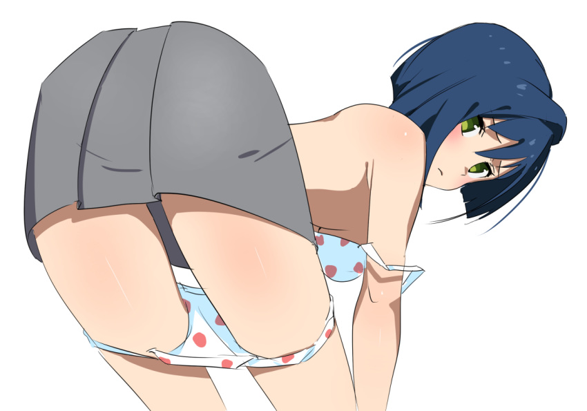 bad_anatomy bad_id bad_pixiv_id bare_shoulders blue_hair bra bra_pull breasts darling_in_the_franxx feet_out_of_frame green_eyes grey_skirt hair_between_eyes ichigo_(darling_in_the_franxx) looking_at_viewer panties panty_pull polka_dot polka_dot_bra polka_dot_panties senjitsu_musou short_hair simple_background skirt small_breasts solo thighs underwear white_background