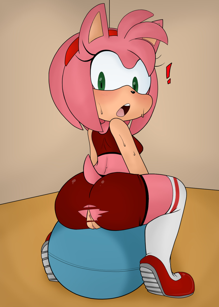 2018 amy_rose anthro big_butt black_nose blush breasts butt clitoris clothed clothing colored eyelashes female footwear green_eyes hair hairband hearlesssoul hedgehog hi_res legwear long_socks looking_at_viewer looking_back mammal open_mouth pussy shoes short_hair shorts simple_background solo sonic_(series) stockings surprise sweat torn_clothing video_games wardrobe_malfunction white_background yoga_ball