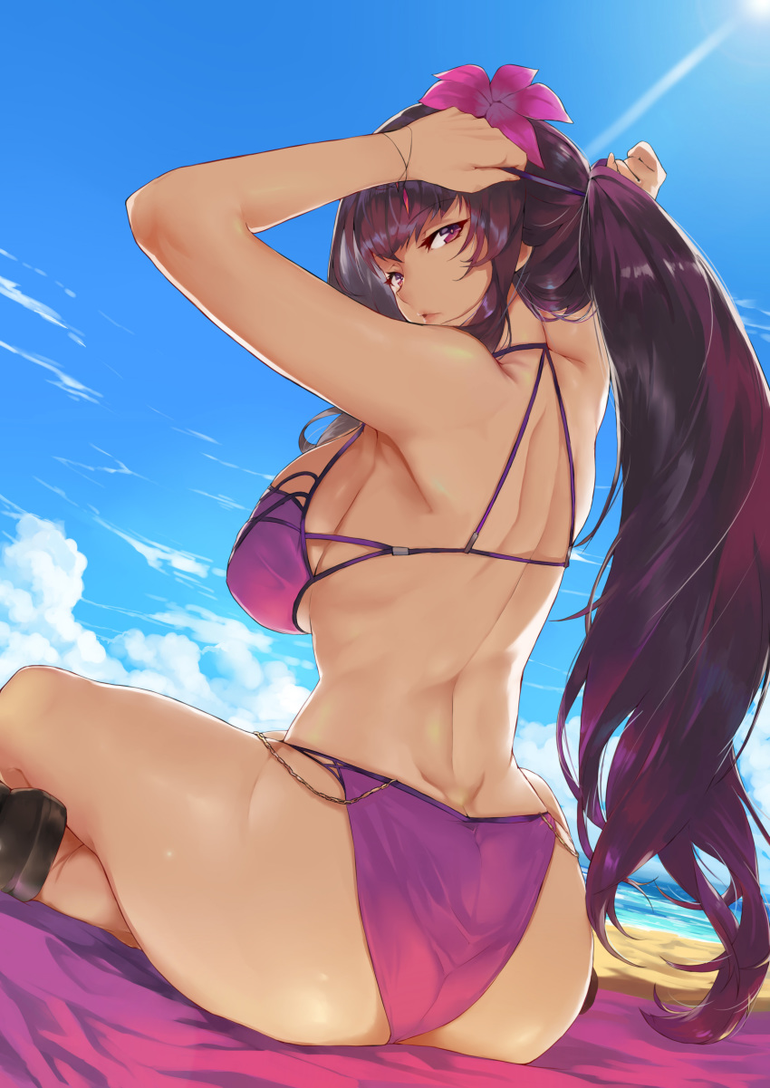 absurdres arms_up ass bangs beach bikini blue_sky breasts closed_mouth cloud cloudy_sky commentary day eyebrows_visible_through_hair fate/grand_order fate_(series) flower hair_flower hair_ornament highres large_breasts light_rays lips long_hair looking_at_viewer looking_back ocean ohland outdoors ponytail purple_bikini purple_eyes purple_flower purple_hair sandals scathach_(fate)_(all) scathach_(swimsuit_assassin)_(fate) sidelocks sitting sky solo sunbeam sunlight swimsuit tsurime yokozuwari