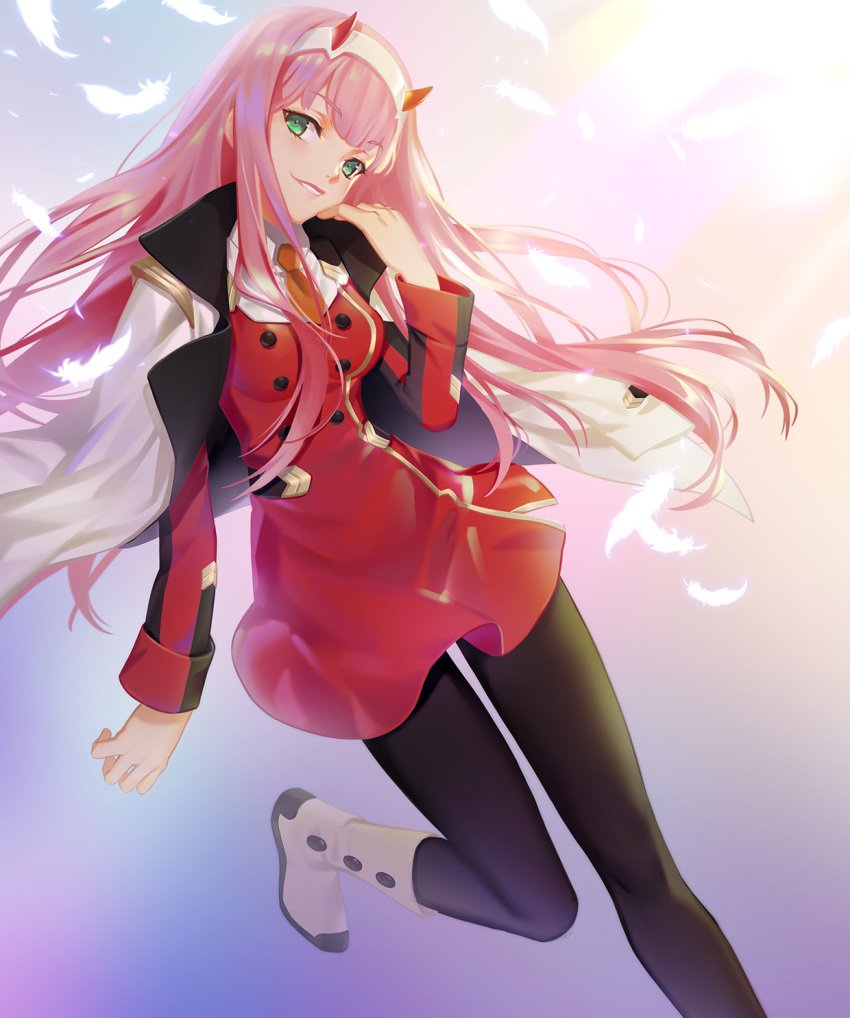 black_legwear boots breasts commentary darling_in_the_franxx eyebrows_visible_through_hair feathers green_eyes hairband hand_on_own_cheek highres horns jacket jacket_on_shoulders littleamber long_hair medium_breasts military military_uniform orange_neckwear pantyhose pink_hair smile solo uniform white_hairband zero_two_(darling_in_the_franxx)