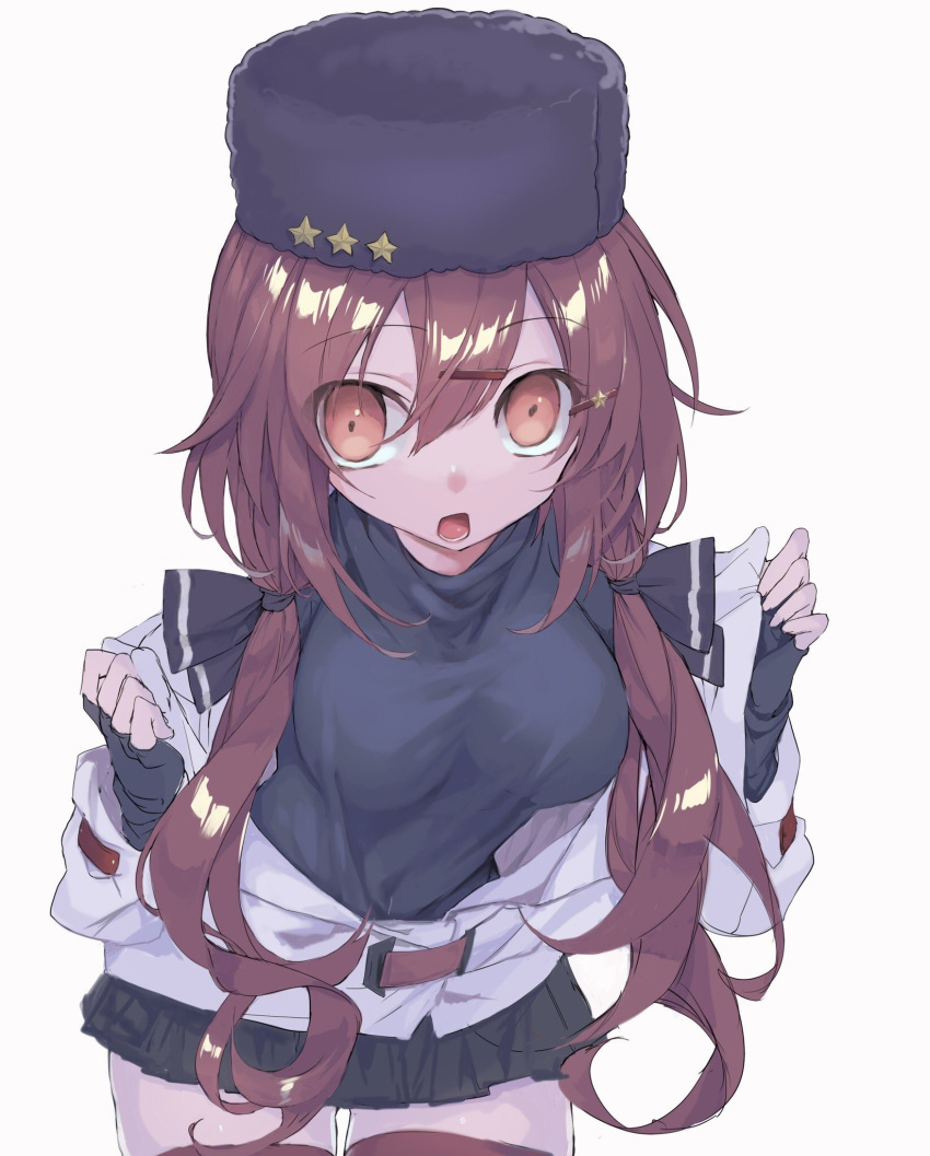black_bow black_skirt bow breasts brown_hair commentary_request eyebrows_visible_through_hair hair_between_eyes hair_ornament hairclip hat highres jacket kantai_collection large_breasts long_hair long_sleeves looking_at_viewer low_twintails miniskirt open_mouth papakha picoli1313 red_eyes shirt simple_background skirt solo star tashkent_(kantai_collection) twintails white_background white_jacket