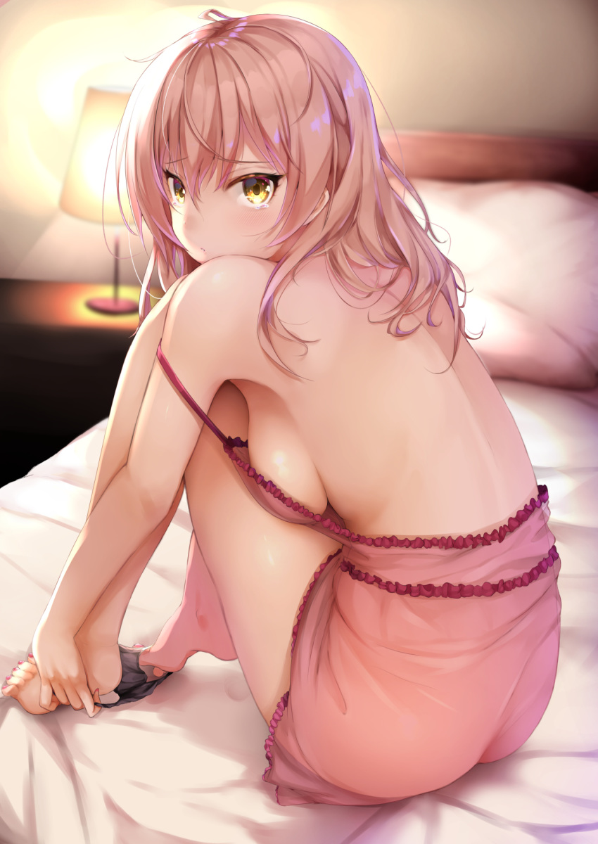 :o alternate_costume alternate_hairstyle ass backlighting bangs banned_artist bare_arms bare_back bare_legs bare_shoulders barefoot bed bed_sheet black_panties blush breasts camisole commentary_request desk_lamp eyebrows_visible_through_hair fay_(fay_axl) frills from_side hair_between_eyes hair_down highres idolmaster idolmaster_cinderella_girls idolmaster_cinderella_girls_starlight_stage indoors jougasaki_mika knees_up lamp leaning_forward long_hair looking_at_viewer looking_back medium_breasts nail_polish on_bed pajamas panties panty_pull parted_lips pedicure pillow pink_hair pink_nails shiny shiny_hair shiny_skin sideboob sitting sitting_on_bed solo spaghetti_strap strap_slip tearing_up tears toenail_polish tsurime underwear yellow_eyes