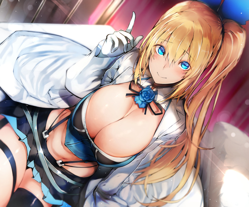 bangs black_legwear black_skirt blonde_hair blue_eyes blurry blush breasts cleavage closed_mouth coat commentary_request depth_of_field dutch_angle elbow_gloves eyebrows_visible_through_hair garter_straps gloves hair_between_eyes hand_up highres indoors infirmary labcoat large_breasts long_hair looking_at_viewer miniskirt mirai_akari mirai_akari_project navel nishiide_kengorou on_bed open_clothes open_coat pleated_skirt ponytail ribbon side_ponytail sidelocks sitting sketch skirt smile solo strap suspenders thigh_strap thighhighs virtual_youtuber white_gloves