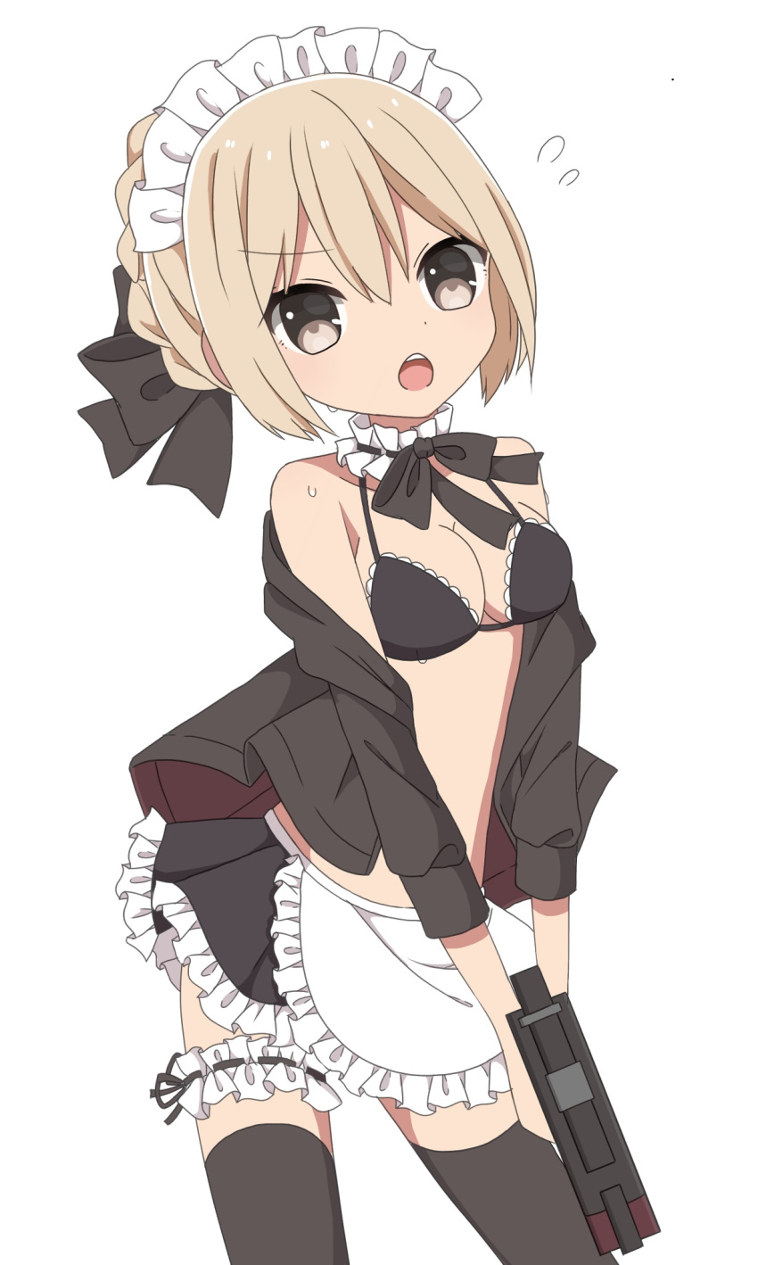 apron artoria_pendragon_(all) artoria_pendragon_(swimsuit_rider_alter) bangs bare_shoulders bikini_top black_bikini_top black_bow black_jacket black_legwear black_skirt bow braid breasts brown_eyes cleavage collar eyebrows_visible_through_hair fate/grand_order fate_(series) flying_sweatdrops frilled_apron frilled_collar frills gun hair_between_eyes hair_bow highres holding holding_gun holding_weapon jacket leg_garter light_brown_hair long_sleeves maid maid_headdress medium_breasts open_clothes open_jacket open_mouth pleated_skirt sapphire_(sapphire25252) simple_background skirt solo sweat thighhighs upper_teeth waist_apron weapon white_apron white_background