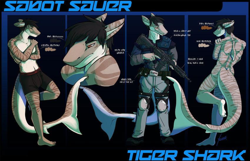 2018 5_fingers 5_toes anthro armor black_hair boxers_(clothing) clothed clothing digital_media_(artwork) discardingsabot fin fish frown gun hair hi_res holding_object holding_weapon jacket male marine model_sheet navel plantigrade pouches ranged_weapon sabot_sauer scalie shark simple_background solo standing toes trigger_discipline underwear weapon yeenr