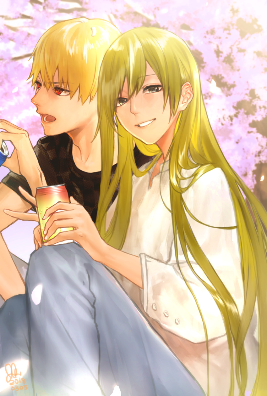 1other absurdres androgynous black_shirt blonde_hair blue_pants can cherry_blossoms commentary_request dated drinking enkidu_(fate/strange_fake) eyebrows_visible_through_hair fate/grand_order fate/strange_fake fate_(series) gilgamesh green_eyes green_hair highres hutagi_rouka long_hair looking_afar looking_at_viewer multiple_boys open_mouth pants petals red_eyes shirt short_hair sitting smile teeth tree tsurime v very_long_hair white_shirt