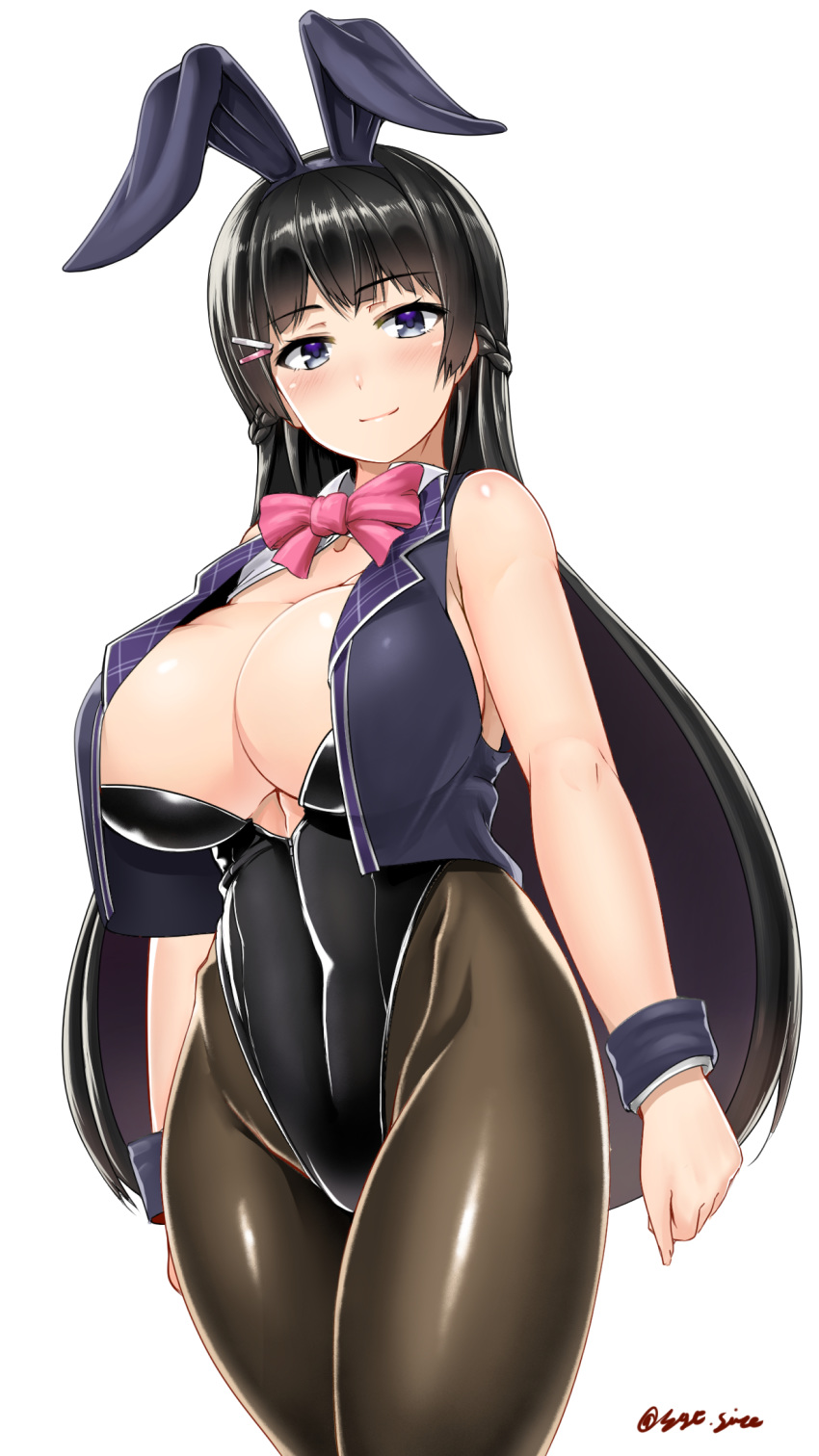 adapted_costume animal_ears bangs bare_arms bare_shoulders black_hair black_hairband black_leotard blush bow bowtie braid breasts brown_legwear bunny_ears bunny_girl bunnysuit closed_mouth collarbone collared_vest commentary_request covered_navel crop_top crop_top_overhang cropped_vest curvy eyebrows_visible_through_hair fake_animal_ears fingernails french_braid grey_eyes hair_ornament hairband hairclip head_tilt highres hips huge_breasts legs_together leotard long_hair looking_at_viewer nijisanji open_clothes open_vest pantyhose pink_neckwear saizu_nitou_gunsou shiny shiny_clothes shiny_hair shiny_skin sidelocks simple_background smile solo standing straight_hair strapless strapless_leotard thighs tsukino_mito twitter_username very_long_hair vest virtual_youtuber white_background wrist_cuffs