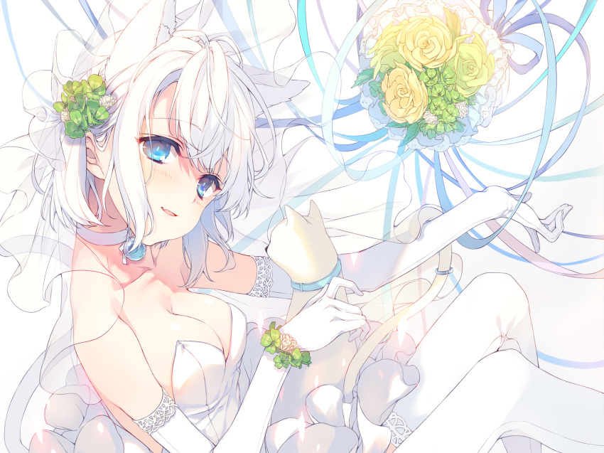 animal animal_ears blue_eyes breasts cat catgirl cleavage collar dress elbow_gloves fang flowers gloves reia ribbons rose tail thighhighs wedding white_hair