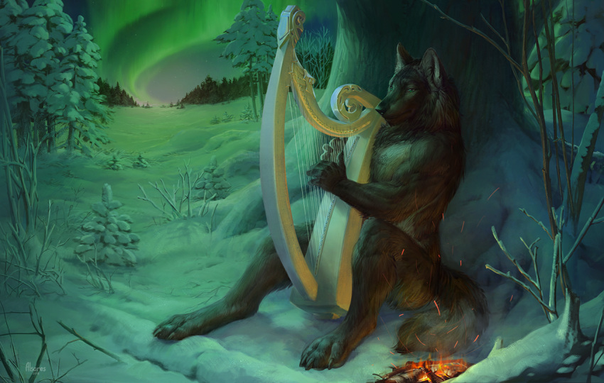 2018 4_toes 5_fingers alsareslynx anthro black_nose brown_fur canine digital_media_(artwork) digitigrade fire fur harp male mammal musical_instrument night outside sitting sky smile snow solo toes wolf