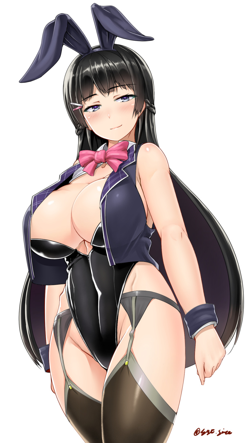 adapted_costume animal_ears bangs bare_arms bare_shoulders black_hair black_hairband black_leotard blush bow bowtie braid breasts brown_legwear bunny_ears bunny_girl bunnysuit closed_mouth collarbone collared_vest covered_navel crop_top crop_top_overhang cropped_vest curvy eyebrows_visible_through_hair fake_animal_ears fingernails french_braid garter_belt grey_eyes groin hair_ornament hairband hairclip half-closed_eyes head_tilt highres hips huge_breasts legs_together leotard long_hair looking_at_viewer nijisanji open_clothes open_vest pink_neckwear saizu_nitou_gunsou seductive_smile shiny shiny_clothes shiny_hair shiny_skin sidelocks simple_background smile solo standing straight_hair strapless strapless_leotard thighhighs thighs tsukino_mito twitter_username very_long_hair vest virtual_youtuber white_background wrist_cuffs