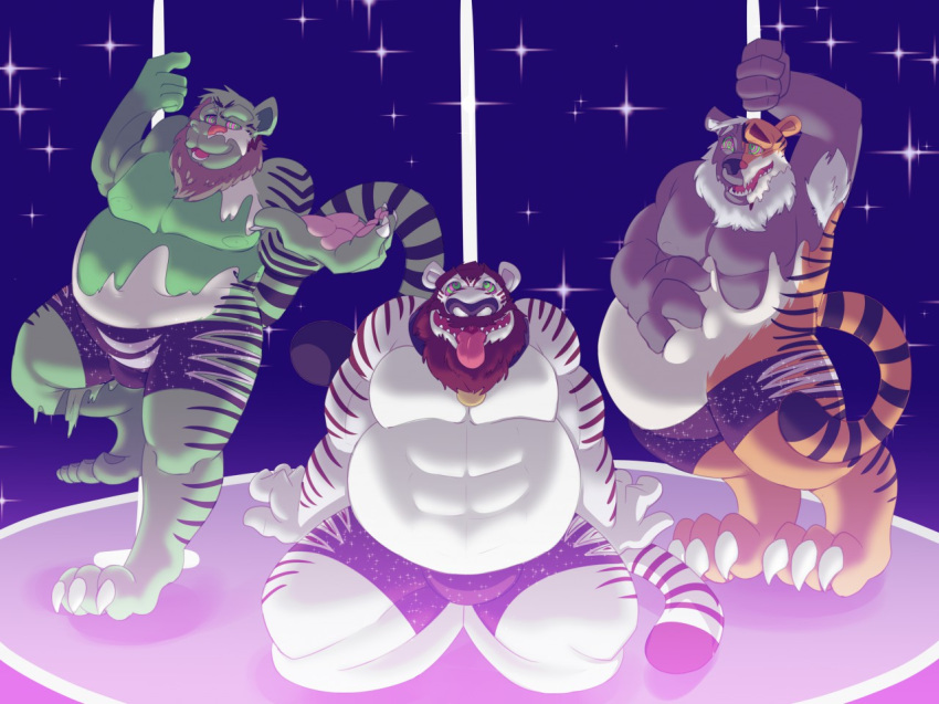 2017 3_toes abs anthro beard black_nose brown_hair claws clothed clothing dancing digital_drawing_(artwork) digital_media_(artwork) disney facial_hair feline fur green_fur group hair hypnosis kneeling male mammal markings mind_control multicolored_tail nearu-senpai open_mouth overweight paws pink_nose pole simple_background smile sparkling spiral spiral_eyes standing striped_fur striped_tail stripes stripper stripper_pole teeth tiger tiger_dancer_(zootopia) toe_claws toes tongue tongue_out topless transformation underwear vex_(character) white_fur white_hair zootopia zootopia_shorts