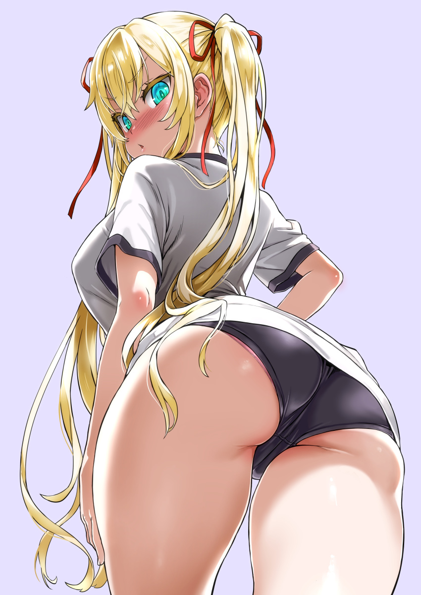 :o absurdres asanagi ass bangs black_buruma blue_eyes blush breasts buruma colored_eyelashes enty_reward from_behind from_below gym_shirt gym_uniform hair_ribbon highres large_breasts lilith_bacon long_hair looking_at_viewer looking_back looking_down nose_blush open_mouth original paid_reward panties panties_under_buruma panty_peek pink_panties psd_available purple_background red_ribbon ribbon shiny shiny_hair shirt short_sleeves sidelocks simple_background solo standing thighs tsurime twintails underwear white_shirt