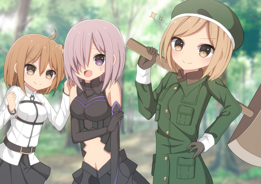 :d armor armored_dress axe bare_shoulders battle_axe beret black_dress black_gloves black_skirt blurry blurry_background blush brown_eyes brown_gloves brown_hair brown_scrunchie chaldea_uniform closed_mouth day depth_of_field dress elbow_gloves fate/grand_order fate_(series) forest fujimaru_ritsuka_(female) gloves green_hat green_jacket hair_ornament hair_over_one_eye hair_scrunchie hand_on_hip hat heart heart-shaped_pupils highres holding holding_axe jacket light_brown_hair long_sleeves mash_kyrielight multiple_girls nature navel one_side_up open_mouth orange_scrunchie outdoors paul_bunyan_(fate/grand_order) pleated_skirt purple_eyes purple_hair sapphire_(sapphire25252) scrunchie skirt sleeveless sleeveless_dress smile sweat symbol-shaped_pupils uniform weapon white_jacket