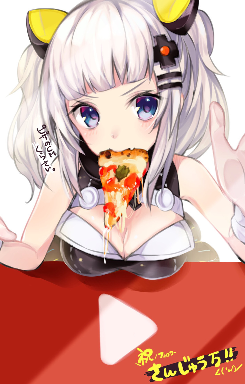 animal_ears bangs bare_shoulders blue_eyes blunt_bangs blush breasts cleavage cleavage_cutout commentary_request food food_in_mouth hair_ornament highres kaguya_luna kaguya_luna_(character) looking_at_viewer medium_breasts pizza short_hair sidelocks silver_hair sleeveless solo translation_request upper_body utayoi_(umakatare) virtual_youtuber