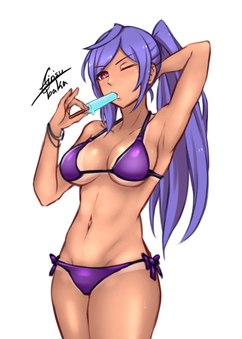 absurdres airisubaka bikini breasts cleavage food highres ice_cream iris_heart kami_jigen_game_neptune_v large_breasts long_hair looking_at_viewer navel neptune_(series) one_eye_closed ponytail purple_hair red_eyes signature solo swimsuit symbol-shaped_pupils tan tanline